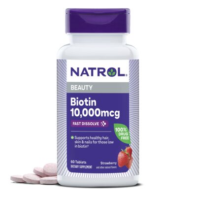 Natrol Beauty Biotin 10000mcg, Dietary Supplement for Healthy Hair, Skin, Nails and Energy Metabolism, 60 Strawberry-Flavored Fast Dissolve Tablets, 60 Day Supply