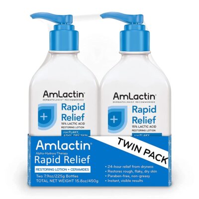 AmLactin Intensive Healing Body Lotion For Dry Skin ? 7.9 oz Pump Bottles (Twin Pack) ? 2-in-1 Exfoliator And Moisturizer With Ceramides And 15% Lactic Acid For 24-Hour Relief From Dry Skin