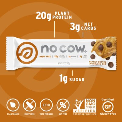 No Cow High Protein Bars, Peanut Butter Chocolate Chip - Healthy Snacks, 20g Vegan Protein, High Fiber, Low Sugar, Dairy & Gluten Free (12 Count) - Image 4