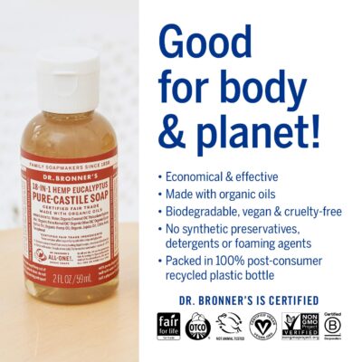 Dr. Bronner's - Pure-Castile Liquid Soap (Eucalyptus, 2 Ounce) - Made with Organic Oils, 18-in-1 Uses: Face, Body, Hair, Laundry, Pets and Dishes, Concentrated, Vegan, Non-GMO - Image 4