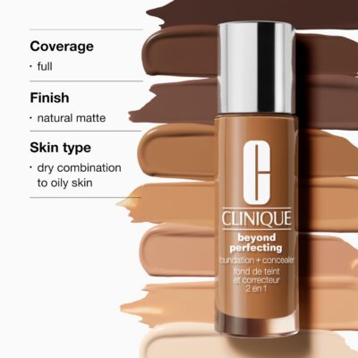 Clinique Beyond Perfecting Liquid Lightweight Full Coverage Foundation + Concealer For Dry Combination to Oily Skin Types, Clove - Image 4