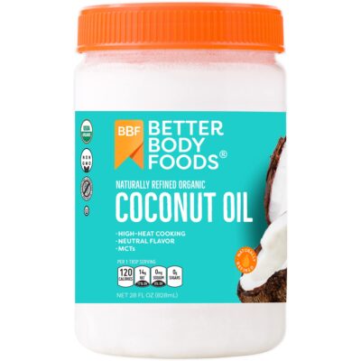 BetterBody Foods Organic, Naturally Refined Coconut Oil, 28 Fl Oz, All Purpose Oil for Cooking, Baking, Hair and Skin Care