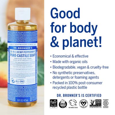 Dr. Bronner's - Pure-Castile Liquid Soap (Peppermint, 16 ounce, 2-Pack) - Made with Organic Oils, 18-in-1 Uses: Face, Body, Hair, Laundry, Pets and Dishes, Concentrated, Vegan, Non-GMO - Image 4