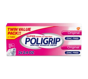 Super Poligrip Original Formula Zinc Free Denture and Partials Adhesive Cream, 2.4 ounce (Twin Pack)