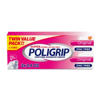 Super Poligrip Original Formula Zinc Free Denture and Partials Adhesive Cream, 2.4 ounce (Twin Pack)