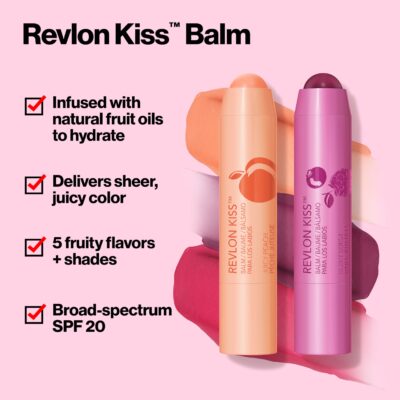Revlon Lip Balm, Kiss Tinted Lip Balm, Face Makeup with Lasting Hydration, SPF 20, Infused with Natural Fruit Oils, 015 Juicy Peach, 0.09 Oz - Image 2