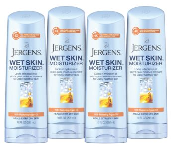 Jergens Wet Skin Body Moisturizer with Restoring Argan Oil, 10 Ounces, 4X Healthier Looking Skin, Fast-Absorbing, Non-Greasy, Dermatologist Tested (Pack of 4)