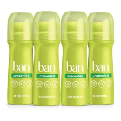 Ban Original Unscented 24-hour Invisible Antiperspirant, 3.5oz Roll-on Deodorant, 4-pack, Underarm Wetness Protection, with Odor-fighting Ingredients