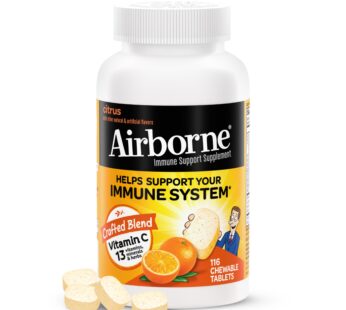 Airborne 1000mg Vitamin C Chewable Tablets with Zinc, Immune Support Supplement with Powerful Antioxidants Vitamins A C & E – (116 count bottle), Citrus Flavor, Gluten-Free