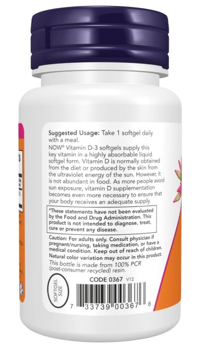 NOW Supplements, Vitamin D-3 2,000 IU, High Potency, Structural Support*, 120 Softgels - Image 3