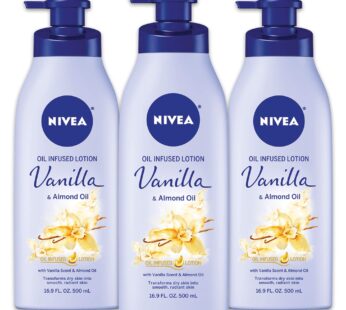 NIVEA Oil Infused Vanilla and Almond Oil Body Lotion, Non-Greasy Vanilla Scented Lotion Moisturizes for 24+ Hours, 16.9 Fl Oz Pump Bottle