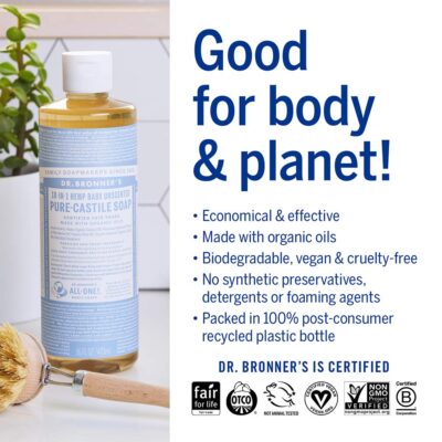 Dr. Bronner's - Pure-Castile Liquid Soap (Baby Unscented, 16 ounce, 2-Pack) - Made with Organic Oils, 18-in-1 Uses: Face, Hair, Laundry and Dishes, For Sensitive Skin and Babies, No Added Fragrance - Image 4