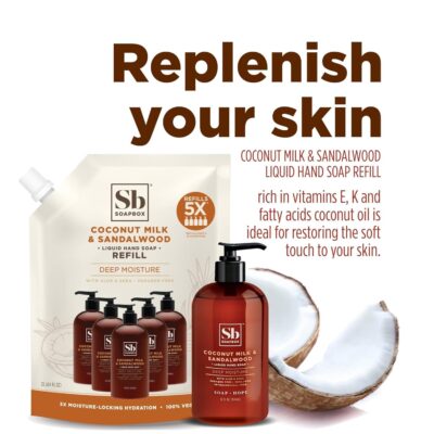 Soapbox Liquid Hand Soap, Coconut Milk & Sandalwood, Gentle & Moisturizing Hand Wash for Kitchen and Bathroom, Vegan & Cruelty Free Scented Hand Soap 12 Ounce Pump Bottles (Pack of 3) - Image 3