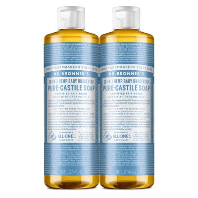 Dr. Bronner's - Pure-Castile Liquid Soap (Baby Unscented, 16 ounce, 2-Pack) - Made with Organic Oils, 18-in-1 Uses: Face, Hair, Laundry and Dishes, For Sensitive Skin and Babies, No Added Fragrance