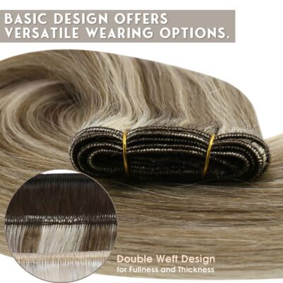 Sunny Highlights Weft Hair Extensions Real Human Hair Light Brown Blonde Sew in Extensions Straight Human Hair Extensions Weft Highlights Sew in Hair Extensions Real Human Hair Bundle 16in 100g - Image 3
