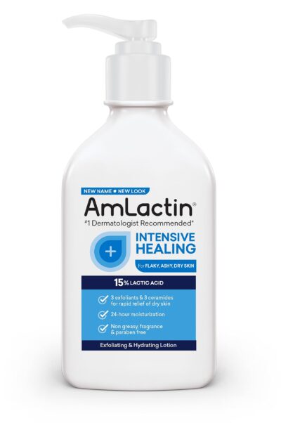 AmLactin Intensive Healing Body Lotion for Dry Skin ? 7.9 oz Pump Bottle ? 2-in-1 Exfoliator and Moisturizer with Ceramides and 15% Lactic Acid for 24-Hour Relief from Dry Skin (Packaging May Vary)