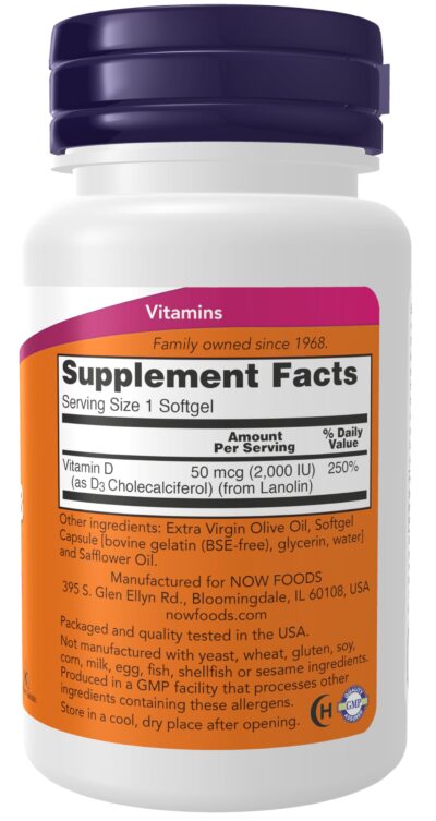 NOW Supplements, Vitamin D-3 2,000 IU, High Potency, Structural Support*, 120 Softgels - Image 2