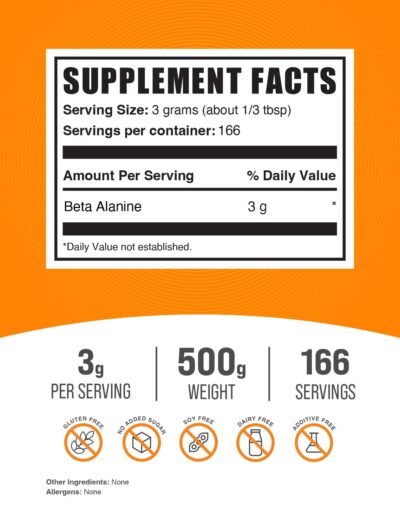 BulkSupplements.com Beta Alanine Powder - Beta Alanine Supplement, Beta Alanine Pre Workout, Beta Alanine 3000mg - Unflavored & Gluten Free, 3g per Serving, 500g (1.1 lbs) (Pack of 1) - Image 2