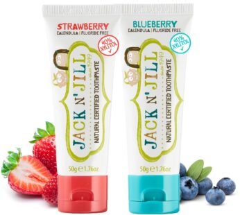 Jack N’ Jill Natural Toothpaste for Babies & Toddlers – Safe if Swallowed, Xylitol, Fluoride Free, Organic Fruit Flavor, Makes Tooth Brushing Fun for Kids – Blueberry & Strawberry, 1.76 oz (2 Pack)