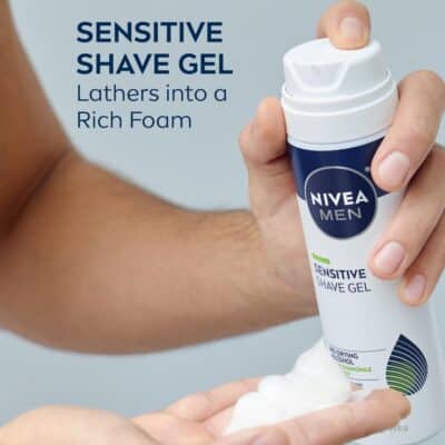 NIVEA MEN Sensitive Shave Gel with Vitamin E, Soothing Chamomile and Witch Hazel Extracts, No Drying Alcohols, 3 Pack of 7 Oz Cans - Image 3