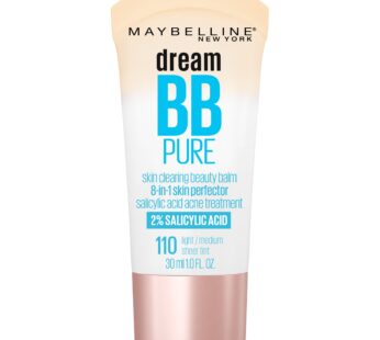 Maybelline Dream Pure Skin Clearing BB Cream, 8-in-1 Skin Perfecting Beauty Balm With 2% Salicylic Acid, Sheer Tint Coverage, Oil-Free, Light/Medium, 1 Count