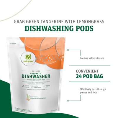 Grab Green Automatic Dishwashing Detergent Pods, 24 Count, Tangerine Lemongrass Scent, Plant and Mineral Based, Superior Cleaning, Powerful Grease Removal, Brilliant Shine - Image 3