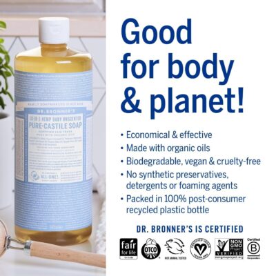 Dr. Bronner's - Pure-Castile Liquid Soap (Baby Unscented, 32 ounce, 2-Pack) - Made with Organic Oils, 18-in-1 Uses: Face, Hair, Laundry and Dishes, For Sensitive Skin and Babies, No Added Fragrance - Image 4