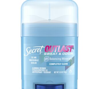 Secret Outlast Antiperspirant Deodorant for Women, Sweat & Odor Protection, PH Balancing Minerals, Invisible Solid, Completely Clean Scent, Travel Size, 0.5 oz