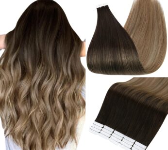 Full Shine Ombre Tape in Hair Extensions Human Hair 14 Inch Hair Extensions Tape in Ash Brown Ombre Platinum Remy Hair Balayage Extensions Human Hair Tape in extensions 20Pcs 50G Tape Hair Extensions