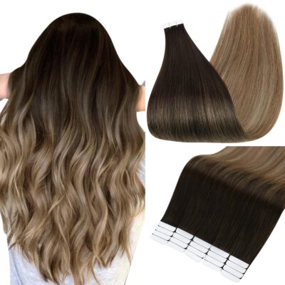 Full Shine Ombre Tape in Hair Extensions Human Hair 14 Inch Hair Extensions Tape in Ash Brown Ombre Platinum Remy Hair Balayage Extensions Human Hair Tape in extensions 20Pcs 50G Tape Hair Extensions