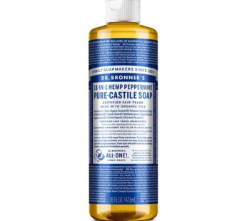 Dr. Bronner’s – Pure-Castile Liquid Soap (Peppermint, 16 ounce) – Made with Organic Oils, 18-in-1 Uses: Face, Body, Hair, Laundry, Pets and Dishes, Concentrated, Vegan, Non-GMO