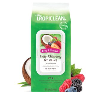 TropiClean Berry & Coconut Dog Wipes for Paws and Butt | Deep Cleaning Dog Grooming Wipes | Safe for The Face | Cat Friendly | 100 Count