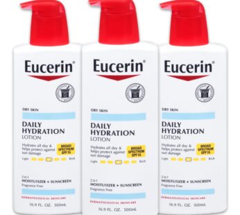 Eucerin Daily Hydration Lotion with SPF 15 – Broad Spectrum Body Lotion for Dry Skin – 16.9 fl. Oz. Pump Bottle (Pack of 3)