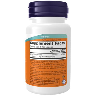 NOW Supplements, Zinc Picolinate 50 mg, Supports Enzyme Functions*, Immune Support*, 60 Veg Capsules - Image 2