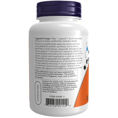 NOW Supplements, Taurine 1,000 mg, Double Strength, Nervous System Health*, 100 Veg Capsules - Image 3