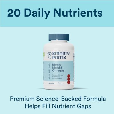 SmartyPants Multivitamin for Men, Gummies: Omega 3 Fish Oil (EPA/DHA), Methylfolate, CoQ10, Vitamin D3, C, Vitamin B12, B6, Vitamin A, K & Zinc for Immune Support, 120 Gummies (20 Day Supply) - Image 4