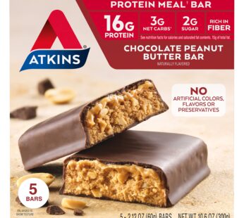 Atkins Chocolate Peanut Butter Protein Meal Bar, High Fiber, 16g Protein, 2g Sugar, 3g Net Carb, Meal Replacement, Keto Friendly, 5 Count