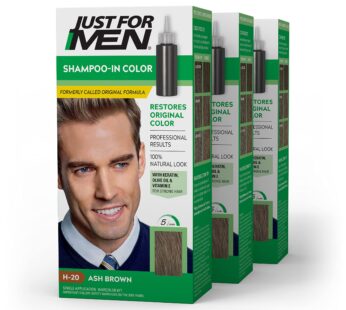 Just For Men Shampoo-In Color (Formerly Original Formula), Mens Hair Color with Keratin and Vitamin E for Stronger Hair – Ash Brown, H-20, Pack of 3