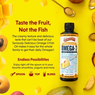 Barlean's Mango Peach Omega 3 Fish Oil Liquid Supplement with Vitamin D, 1080mg EPA & DHA Fatty Acid, Smoothie Flavored & Burpless for Brain, Joint, & Heart Health, 8 oz - Image 3