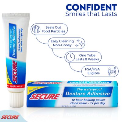 Secure Denture Adhesive Cream ? 12-Hour Max Hold ? Patented Waterproof Seal ? Zinc Free ? for Uppers Lowers & Partials ? Food Grade Ingredients ? FSA HSA Approved ? 1.4 oz (6 Pack) - Image 5