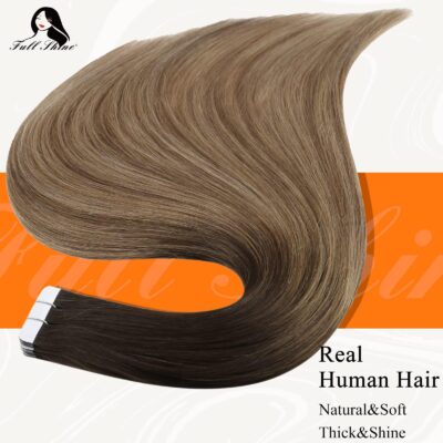 Full Shine Ombre Tape in Hair Extensions Human Hair 14 Inch Hair Extensions Tape in Ash Brown Ombre Platinum Remy Hair Balayage Extensions Human Hair Tape in extensions 20Pcs 50G Tape Hair Extensions - Image 2