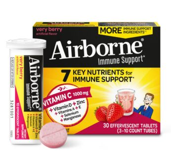 Airborne 1000mg Vitamin C with Zinc, SUGAR FREE Effervescent Tablets, Immune Support Supplement with Powerful Antioxidants Vitamins A C & E – 30 Fizzy Drink Tablets, Very Berry Flavor