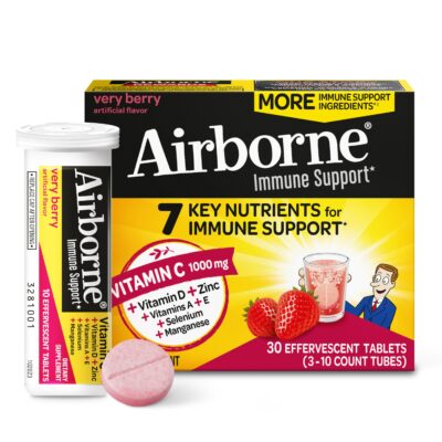 Airborne 1000mg Vitamin C with Zinc, SUGAR FREE Effervescent Tablets, Immune Support Supplement with Powerful Antioxidants Vitamins A C & E - 30 Fizzy Drink Tablets, Very Berry Flavor