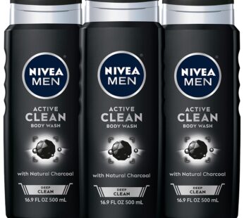 Nivea Men DEEP Active Clean Charcoal Body Wash, Cleansing Body Wash with Natural Charcoal, 3 Pack of 16.9 Fl Oz Bottles