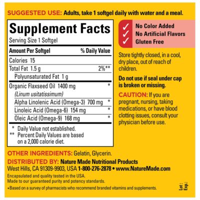 Nature Made Extra Strength Flaxseed Oil 1400 mg, Fish Free Omega 3 Supplement, Dietary Supplement for Heart Health Support, 100 Softgels, 100 Day Supply - Image 5