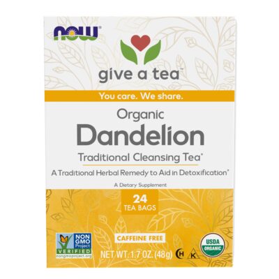 NOW Foods, Certified Organic Dandelion Traditional Cleansing Herbal Tea, Caffeine-Free, Non-GMO, Premium Unbleached Tea Bags with No-Staples Design, 24-Count