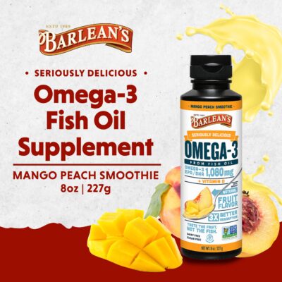 Barlean's Mango Peach Omega 3 Fish Oil Liquid Supplement with Vitamin D, 1080mg EPA & DHA Fatty Acid, Smoothie Flavored & Burpless for Brain, Joint, & Heart Health, 8 oz - Image 2