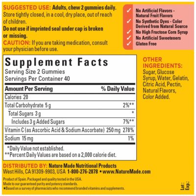 Nature Made Vitamin C 250 mg per serving, Dietary Supplement for Immune Support, 80 Gummies, 40 Day Supply - Image 5