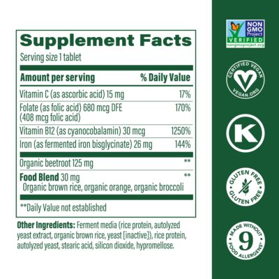 MegaFood Blood Builder - Iron Supplement Clinically Shown to Increase Iron Levels Without Side Effects - Iron Supplement for Women with Vitamin C, Vitamin B12 and Folic Acid - Vegan - 30 Tabs - Image 3