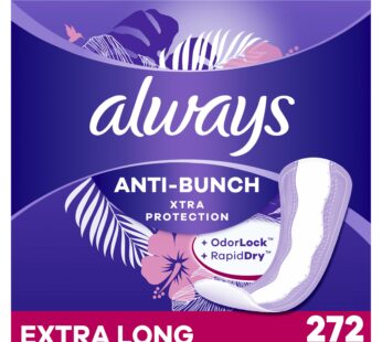 Always Anti-Bunch Xtra Protection, Panty Liners For Women, Extra Long Length, Unscented, 68 Count X 4 Packs (272 Count Total) (Packaging May Vary)
